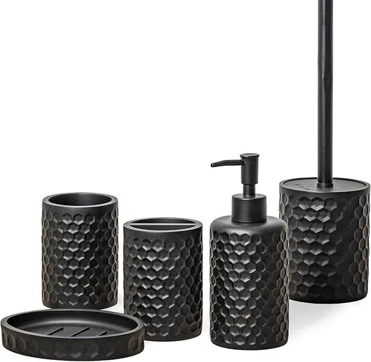 ZCCZ Bathroom Accessories Set 5 Pcs - Soap Dispenser, Toilet Brush, Toothbrush Holder, Tumbler, Soap Dish - Vintage Decor for Countertop Vanity Organizer, Black Bathroom Accessory Collection - ModernBath