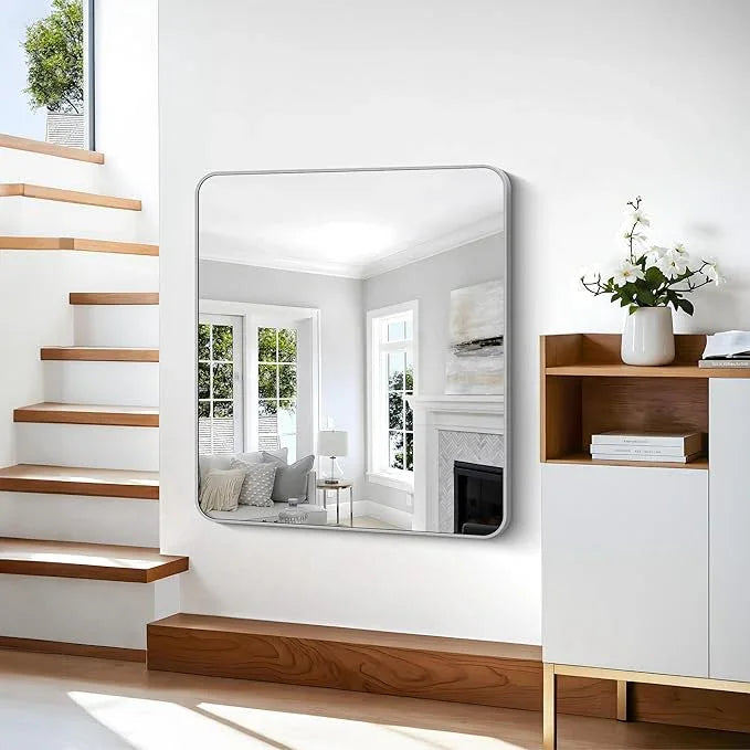 CIVENO 36x40 Inch Silver Bathroom Mirror, Metal Framed Silver Rectangle Mirrors, Rounded Rectangular Vanity Mirror, Wall Mounted Mirrors for Living Room Bedroom Entryway Hangs Horizontal or Vertical - ModernBath