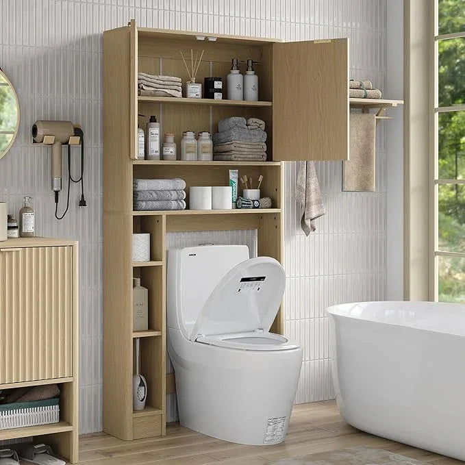 Furnideco 31''W Over Toilet Storage Cabinet Modern Above Toilet Shelf Cabinet with Fluted Doors & Toilet Paper Storage Holder for Bathroom, Natural Oak - ModernBath
