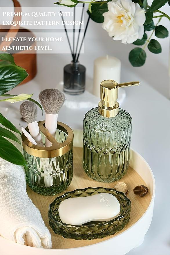 LaMarriti 4pcs Glass Bathroom Accessories Set, Clear Green Bathroom Soap Dispenser Set, Toothbrush Holder, Soap Dish, Soap Dispenser, Qtips Holder Set for Crystal Vintage Bath Decor (Green) - ModernBath