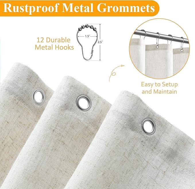 Naturoom Extra Long Cream Linen Shower Curtain 88 Inch Long Weighted Thick Fabric Bath Shower Curtain Set with Hooks, XLong Tall Country Farmhouse Curtains for Bathroom, 72x88 - ModernBath