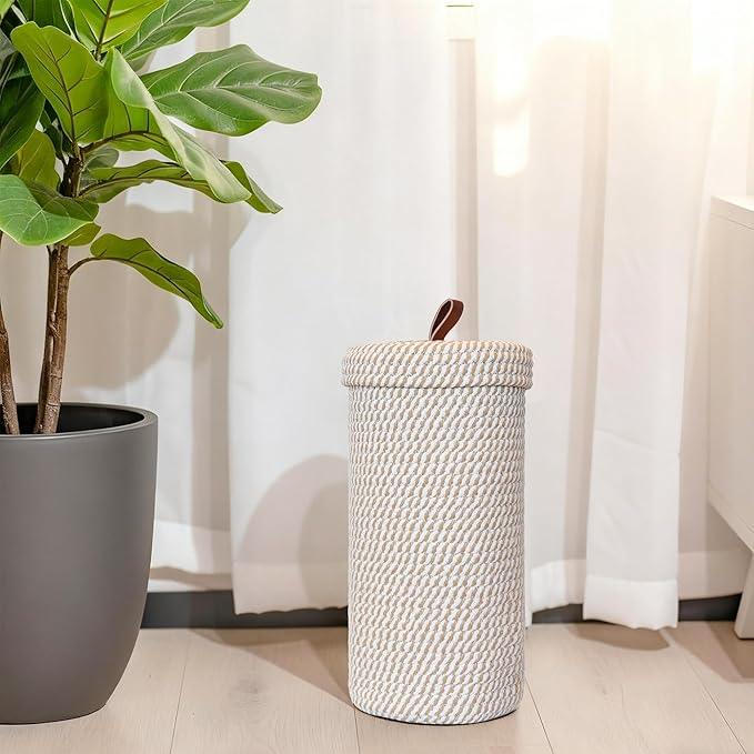 Toilet Paper Holder Handmade – Woven Toilet Paper Stand & Storage Basket with Lid, Cotton Freestanding Organizer for Bathroom, Fits 3 Rolls Cream Brown - ModernBath