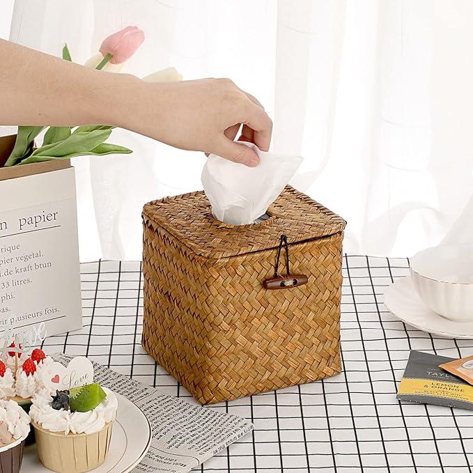 Sumnacon Tissue Box Cover Square Seagrass Tissue Box with Lid, Woven Tissue Box Holder Rustic Cube Tissue Cover for Bathroom Toilet Bedroom Living Room Kitchen Table Desk Office Car, Caramel - ModernBath