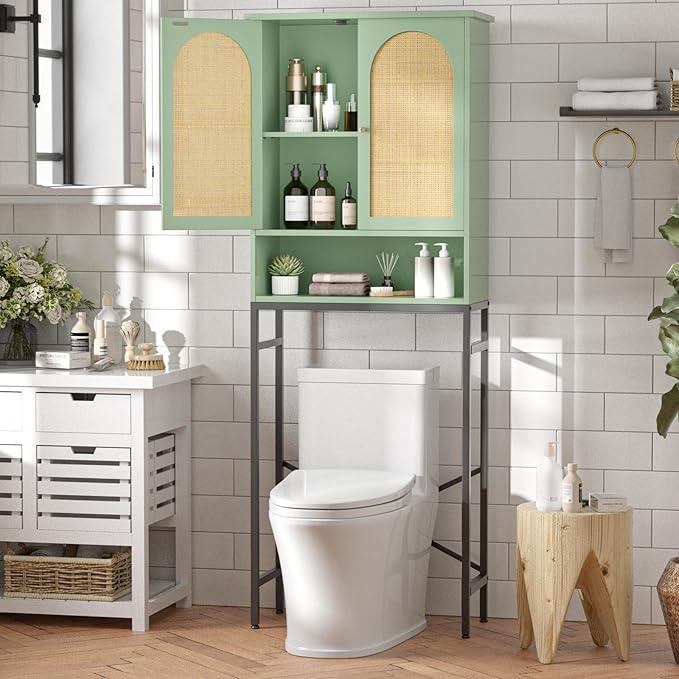 Rattan Over The Toilet Storage Cabinet, Bathroom Organizers and Storage Over Toilet with Rattan Door and Metal Stand, Tall Storage Shelves Above Toilet, Wood Rack for Restroom, Laundry, Foam Green - ModernBath