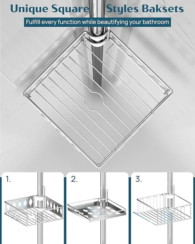 SElRIONE Corner Shower Caddy Tension Pole, Quick Setup, Rust-Free Bathroom Shower Organizer Corner for Bathtub Shampoo Storage, 4-Tier Adjustable Shelf, Drill Free, Fits 34 to 116 Inch Height - ModernBath