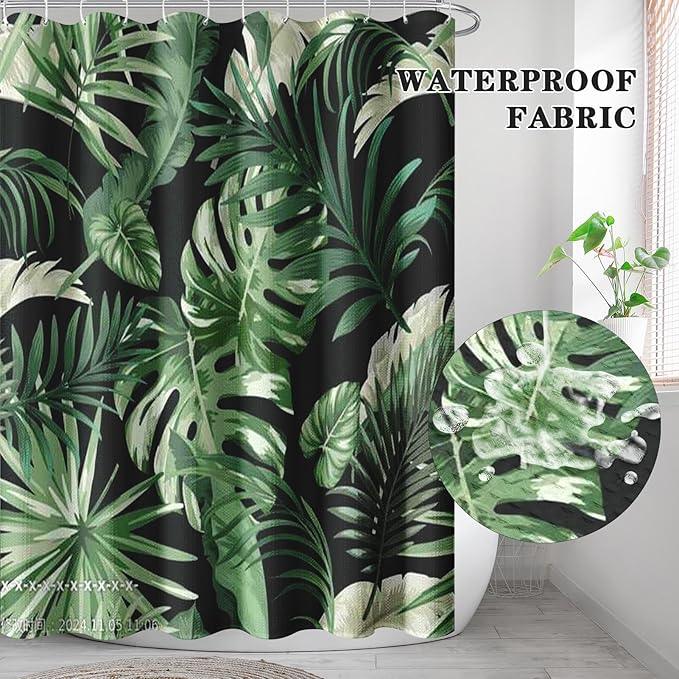 Culudea Green Tropical Plant Jungle Leaf Waffle Textured Cloth Shower Curtain Set, Palm Tree Leaves Black Bathroom Window Waterproof Shower Curtains for Bathroom Decor - ModernBath
