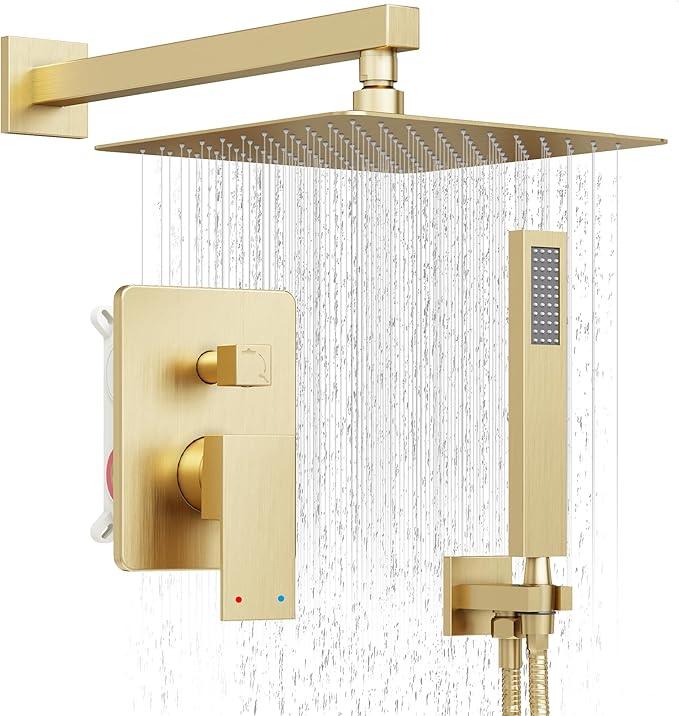HoliSpa Gold Shower System, Shower Faucet Set with 10-Inch Rain Showerhead and Handheld Spray, Wall Mounted High-Pressure Showerhead Combo Set Included Valve and Trim, Brushed Gold - ModernBath