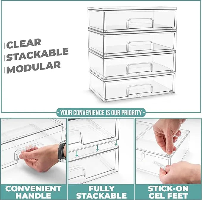 Sorbus Acrylic Storage Containers - 4 Pack, Stackable Storage Bins Set for Bathroom Organization - Clear Acrylic Drawer Organizers - Makeup Case Pull-Out Drawers (12.1’’ Wide) - ModernBath