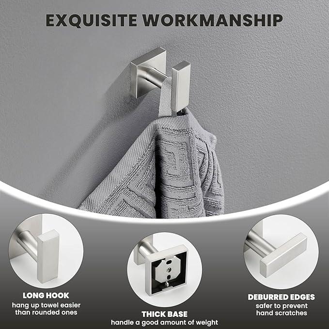 Suyar Brushed Nickel Towel Hook, SUS 304 Stainless Steel Clothes Coat Robe Holder for Bathroom, Hand Towel Hanger, Wall Mounted - ModernBath