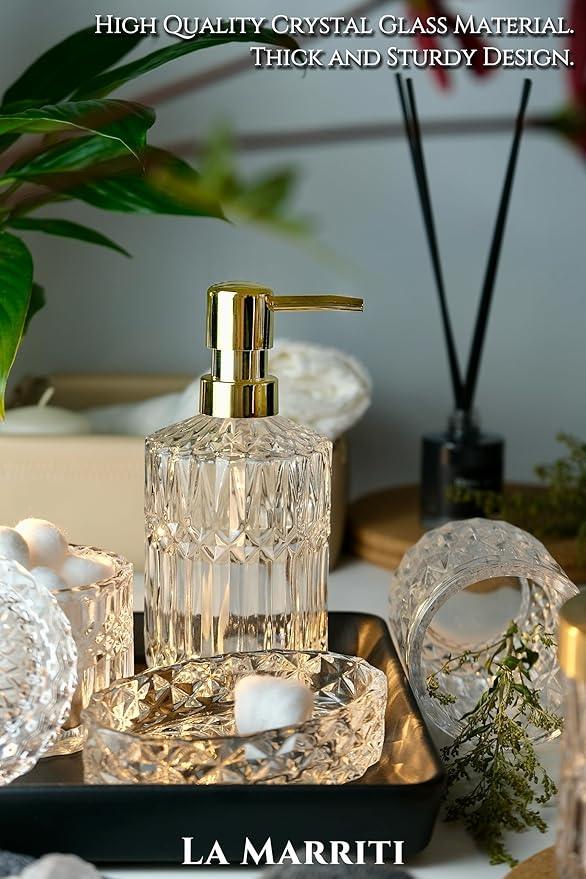 LaMarriti Glass Bathroom Accessories Set, 5pcs Crystal Clear Bathroom Set Accessories, Soap Dispenser, Toothbrush Holder Set, Soap Dish, Tumbler, Qtips Holder for Vintage Bathroom Decor, Gift Set - ModernBath