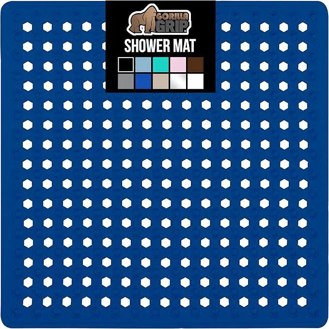 GORILLA GRIP Patented Square Shower Stall Mat, Small Bathtub Floor Mats for Stand Up Showers, Suction Cups, Drain Holes, Machine Wash, Soft on Feet, Bathroom Accessories 21x21 Inch, Royal Blue Opaque - ModernBath