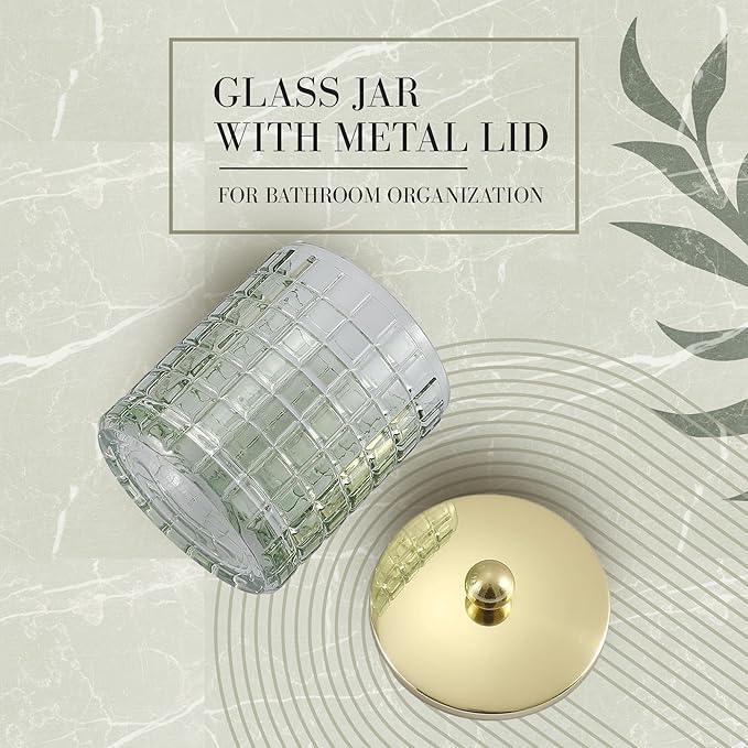 Indecor Home Sage Colored Tranlucent Apothecary Etched Geometric Grid Glass Jar W/Gold Metal Lid Cover for Bathroom Organization, Cotton Balls, Q Tips, and Small Accessories, Bathroom Storage - ModernBath