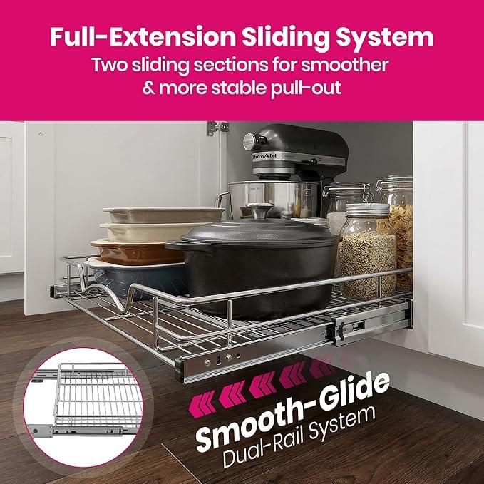 HOLDN’ STORAGE Pull Out Cabinet Organizer, Heavy Duty Caddy w/Lifetime Limited Warranty -11”W x 21”D - Requires At Least 12-1/4” Cabinet Opening, Steel Metal Cabinet Drawers Slide Out, Chrome - ModernBath