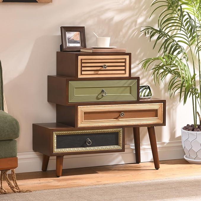Vintage Accent Chest with 4 Drawers, Asymmetrical Stacked Design, Multicolored Hand-Carved Decorative Rustic Cabinet for Living Room, Entryway - ModernBath