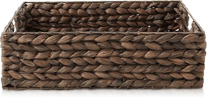 Casafield Set of 4 Water Hyacinth Pantry Baskets, 12-1/2" x 17" x 5", with Chalkboard Labels and Chalk Marker - Espresso, Woven Storage Bin Organizers for Kitchen Shelves - ModernBath