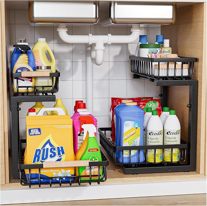 Under Sink Organizer,2 Pack Under Kitchen Sink Organizer,2 Tier Sliding-Out,5 Level Height Adjustable,Thickened Carbon Steel,Anti-rust Treatment,For Kitchen Bathroom Black - ModernBath