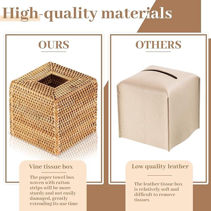 Kigley 2 Pcs Square Rattan Tissue Box Cover Boho Wicker Tissue Cube Box Cover 5.5'' x 5.5'' x 5.5'' Decorative Natural Wicker Hand Woven Napkin Box Holder Bathroom Office Car Accessories (Wood) - ModernBath
