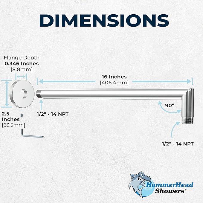HammerHead Showers® Solid Metal 16 Inch Extended Shower Arm and Flange with Set Screw, Long Shower Arm, Extends Rain Shower Overhead, Wall-Mounted Rain Shower Arm, Chrome - ModernBath