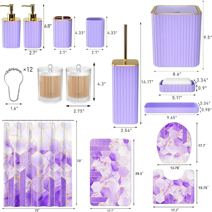 XLHOMO Bathroom Set - 26PC Bathroom Set with Shower Curtain and Rugs, Bathroom Accessory Set, Purple Bathroom Accessories Set, Trash Can & Soap Dispenser - ModernBath
