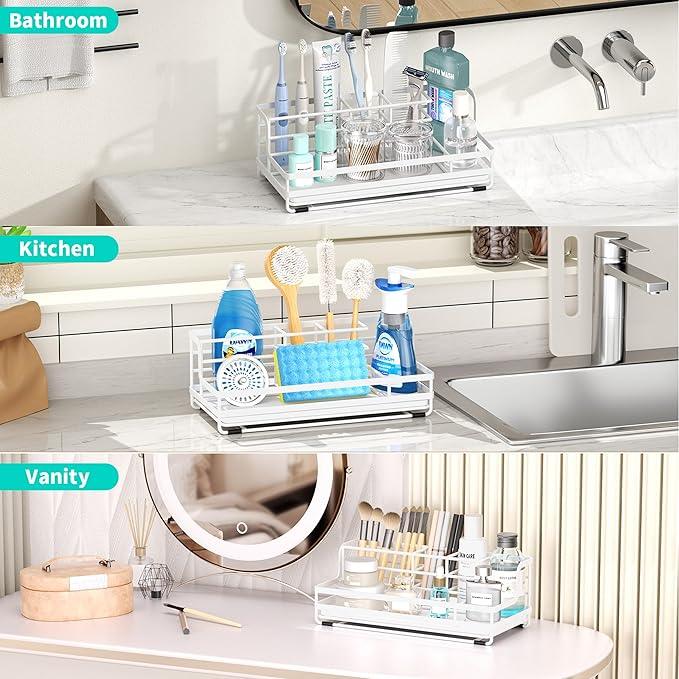 HapiRm Toothbrush Holders for Bathroom - 5 Partitions Bathroom Counter Organizer with Instant Drying Stone, Stainless Steel Countertop Storage Electric Toothbrush Toothpaste Holder - White - ModernBath