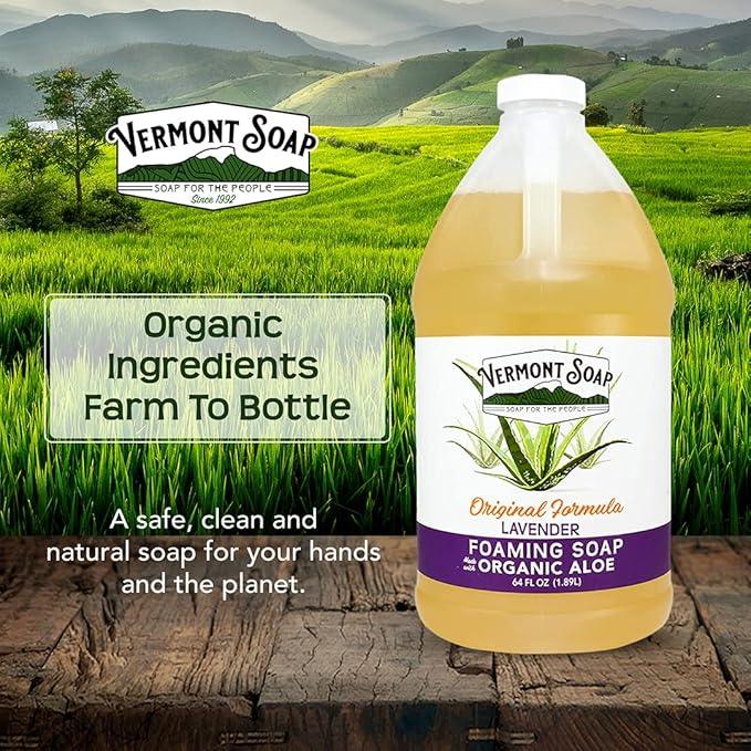VERMONT SOAP Organic Lavender Foaming Hand Soap - Natural Moisturizing Soap for Dry Skin - Fragrance Free Liquid Bathroom Hand Soap - Lavender- 64 oz - ModernBath
