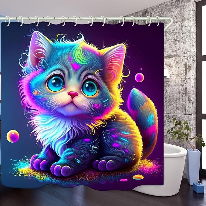 LYFANS Bathroom with Colorful Cat 3D Shower Curtains, Deluxe Bathtub Standard Shower Curtain, Waterproof and Bright Fabric Shower Curtain Size (72x72 Inches) - ModernBath