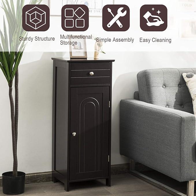 Tangkula Bathroom Floor Cabinet, Wooden Side Storage Cabinet, Freestanding Single Door Bathroom Cabinet with Large Drawer & 2 Adjustable Shelves for Living Room Kitchen (Brown) - ModernBath
