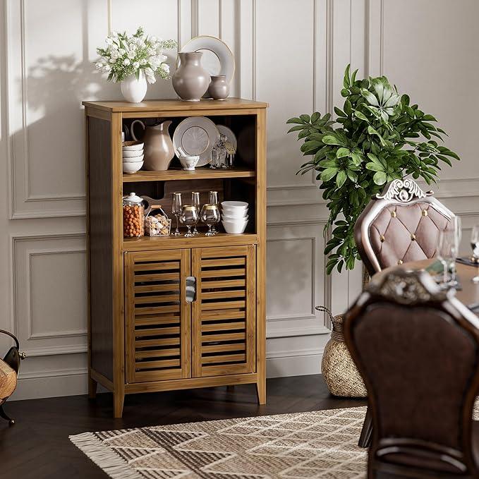 HITNET Walnut Bathroom Floor Cabinet, Bamboo Side Tall Storage Organizer, Freestanding Kitchen Cupboard with Door and Removable Shelf - ModernBath