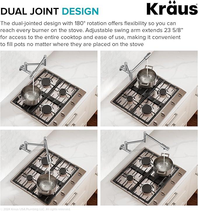 KRAUS Bolden 2 Handle Pot Filler Faucet with Retractable Arm, Wall Mount Kitchen Faucet, Pot Filler for Over Stove in Matte Black, KPF-5003MB - ModernBath