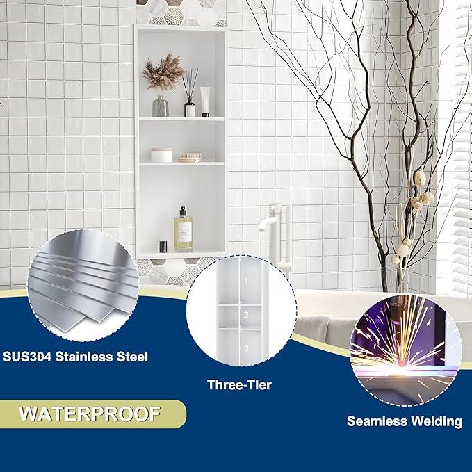 Qeke Stainless Steel Shower Niche 12" X 30", No Tile Needed Wall Niche Three-Tier, Recessed Shower Shelf for Bathroom Storage, Matte White - ModernBath