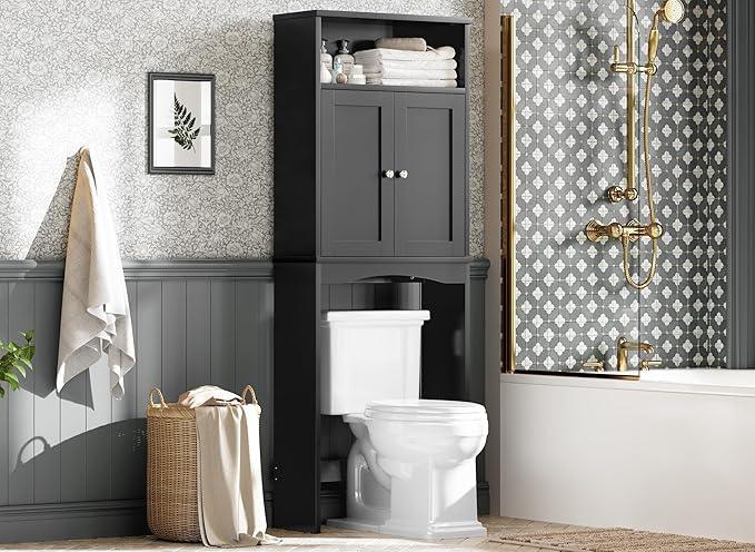 Over The Toilet Storage Cabinet, Over Toilet Bathroom Organizer with Adjustable Shelf and Double Door, Over The Toilet Cabinet for Bathroom Storage Over The Toilet Bathroom Organizer, Black - ModernBath