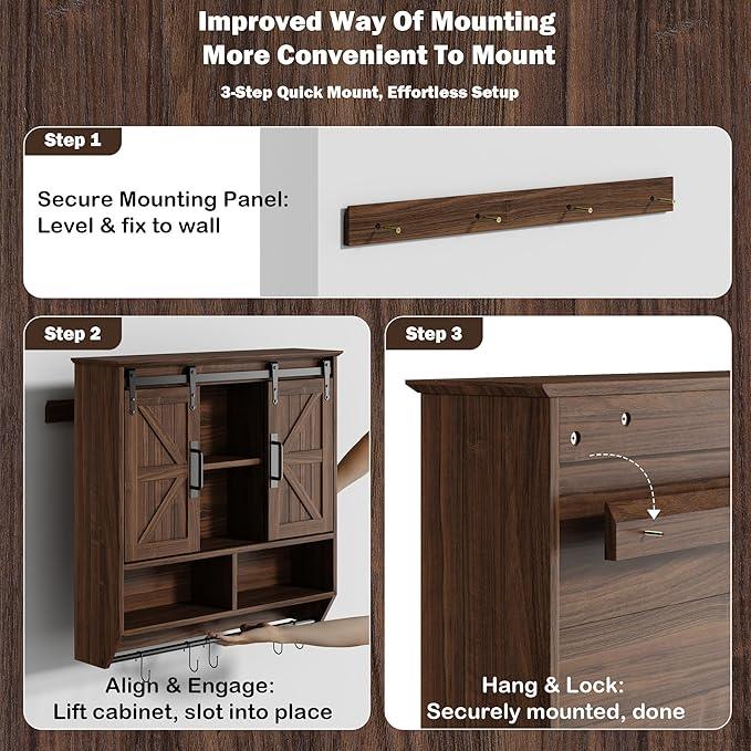 RUSTOWN Farmhouse Bathroom Wall Cabinet,3-Tier Rustic Wood Wall Mounted Cabinets,Vintage Medicine Cabinet with Sliding Barn Door and Adjustable Shelves,Over The Toilet Storage Cabinet (Dark Walnut) - ModernBath