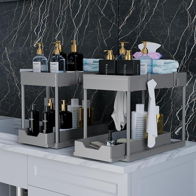 DEKAVA Under Sink Organizer 2 Pack，Bathroom Cabinet Organizer，2 Tier Sliding Cabinet Basket Organizer Drawer, Multi-Purpose Bath Collection Baskets for Bathroom (Grey) - ModernBath