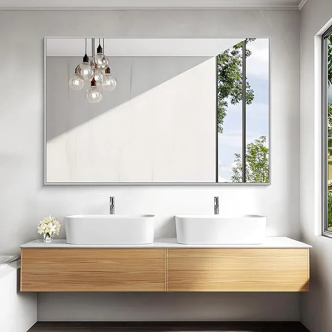 KOCUUY Silver Bathroom Mirror, 55"x36" Large Rectangle Bathroom Mirror for Wall, HD Tempered Glass, Anti-Rust Brushed Silver Frame, Modern Design for Bathroom, Bedroom, Hang Horizontal/Vertical - ModernBath