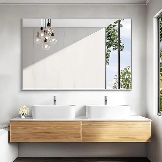 KOCUUY Silver Bathroom Mirror, 55"x36" Large Rectangle Bathroom Mirror for Wall, HD Tempered Glass, Anti-Rust Brushed Silver Frame, Modern Design for Bathroom, Bedroom, Hang Horizontal/Vertical - ModernBath