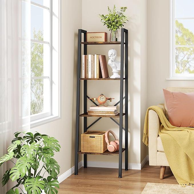 Hoctieon 4-Tier Industrial Ladder Bookshelf, Narrow Ladder Shelf, Tall Standing Bookshelf, Skinny Open Ladder Shelf, for Living Room, Home Office, Kitchen, Bedroom, Metal Frame, Rustic Brown - ModernBath