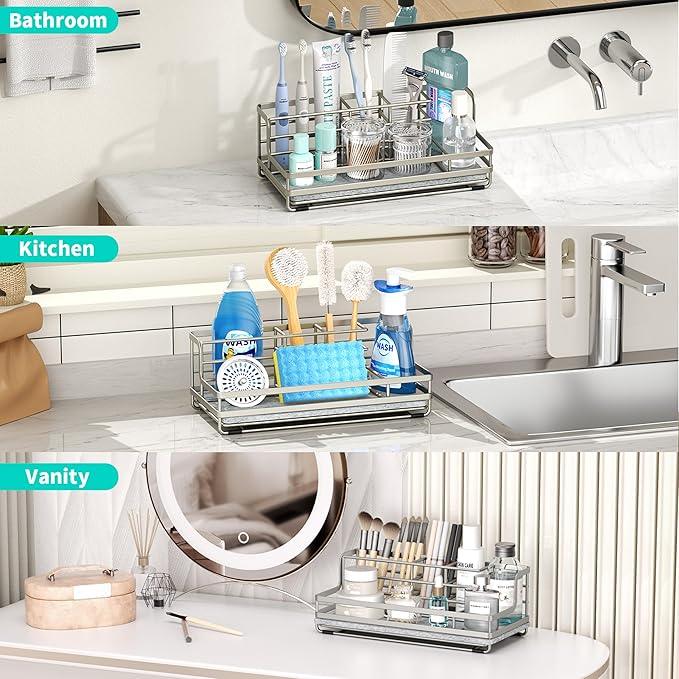 HapiRm Toothbrush Holders for Bathroom - 5 Partitions Bathroom Counter Organizer with Instant Drying Stone, Stainless Steel Countertop Storage Electric Toothbrush Toothpaste Holder - Brushed Nickel - ModernBath