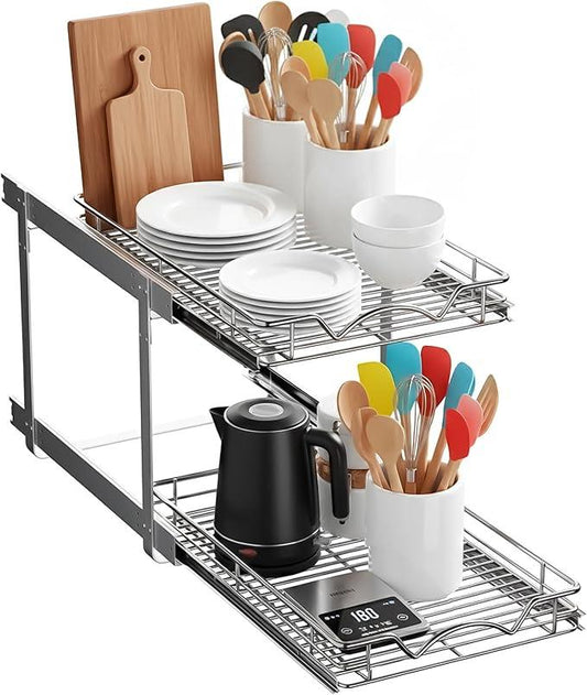 HOLDN’ STORAGE Two Tier Pull Out Cabinet Organizer, Individual Sliding Drawers - Heavy Duty Metal with Lifetime Limited Warranty - Anti Rust Chrome Finish - 14" W x 21”D x 16.5" H - ModernBath