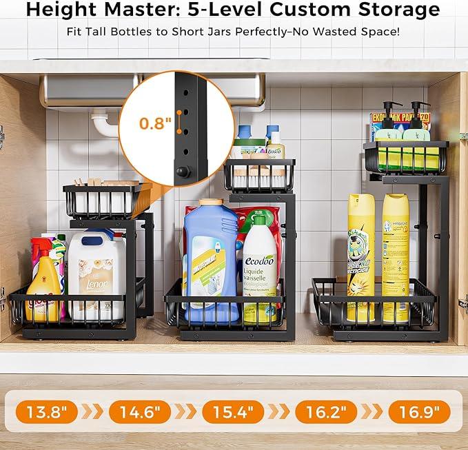 Under Sink Organizer,2 Pack Under Kitchen Sink Organizer,2 Tier Sliding-Out,5 Level Height Adjustable,Thickened Carbon Steel,Anti-rust Treatment,For Kitchen Bathroom Black - ModernBath
