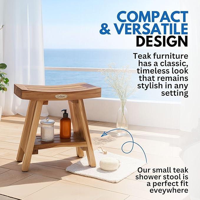 EcoDecors Teak Shower Bench with Shelf 18", 300 lb Capacity – Fully Assembled Waterproof Wood Spa Seating for Adults - Compact Fit for Small Bathrooms & Walk-in Showers - Slip-Resistant Feet - ModernBath