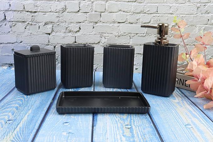 Hymmah Black Bathroom Accessories Set,Unique Design Bathroom Set 5 Pcs Resin Gift Set Apartment Necessities, Contain Cotton Swab Jar,Soap Dispenser,Soap Dish/Tray,Tumbler - ModernBath