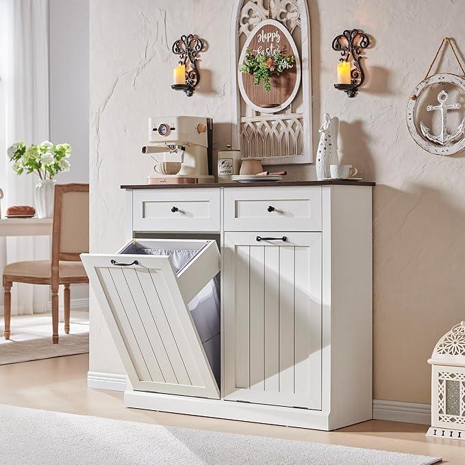 Double Tilt Out Laundry Hamper Cabinet, 20 Gallon Farmhouse Trash Can Cabinet with Drawer, Hidden Wood Garbage Can Bin Cabinets with Laundry Storage Basket for Bathroom, Kitchen (Antique White) - ModernBath