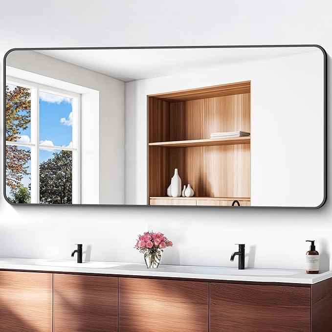 BONEWEI 72x36 inch Large Bathroom Mirror,Black Rectangle Mirror,Wall Mounted Bathroom Frame Vanity Mirror with Round Corner for Bedroom Living Room,Entryway Hangs Horizontal or Vertical - ModernBath