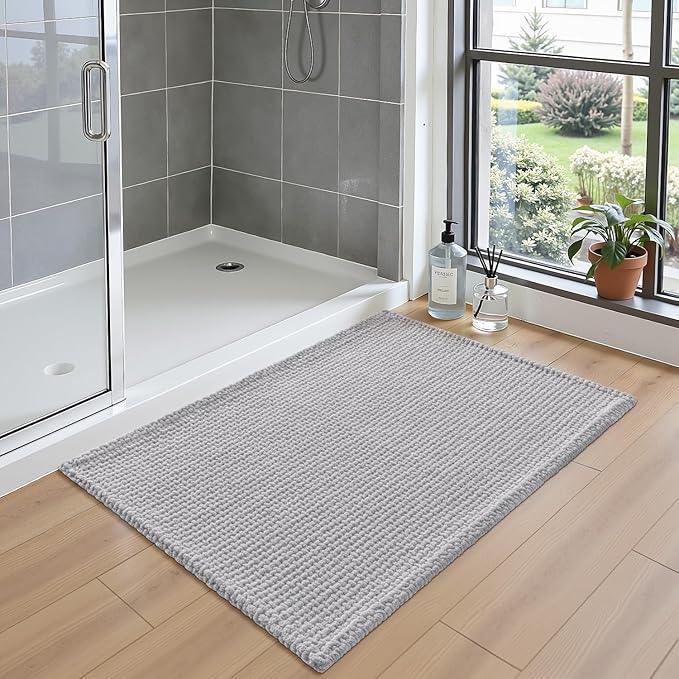 DEXI Bathroom Rugs 16x24, Non Slip Washable Bath Mat, Absorbent Chenille Bathmat, Ultra Soft Thick Carpet for Tub Shower Floor, Light Grey - ModernBath