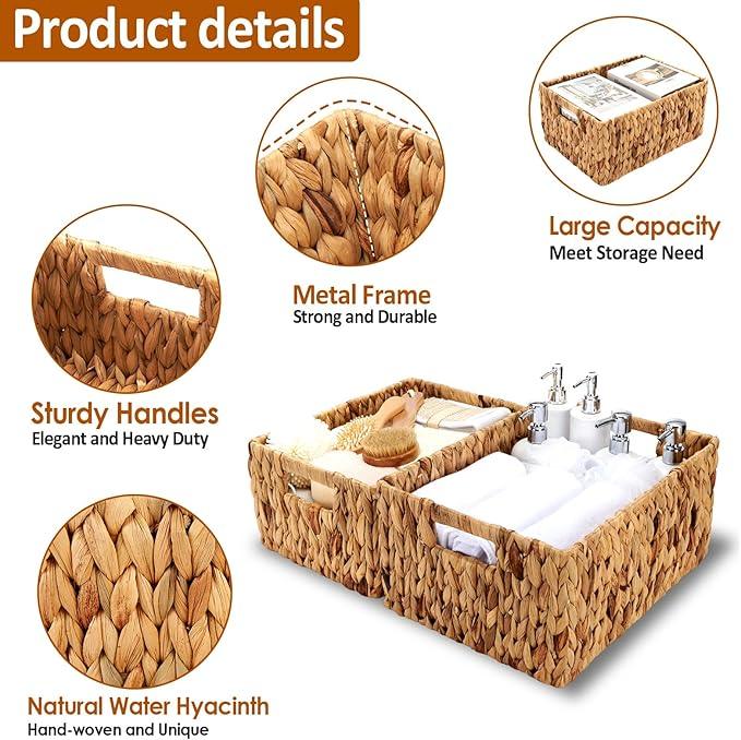 Wicker Baskets 2 Pack, Water Hyacinth Wicker Storage Basket with Handles, Large Rectangular Wickers Baskets for Organizing, Natural - ModernBath