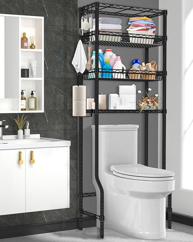Bathroom Organizer Over The Toilet Storage, 4-Tier Metal Bathroom Over Toilet Storage Shelf Rack Freestanding Space Saver with Adjustable Shelves and Baskets, Black - ModernBath