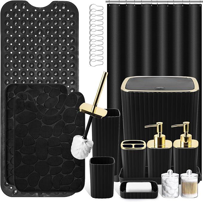 XLHOMO 26PC Bathroom Accessories Set - Gorgeous Black Bathroom Set, Bathroom Accessory Set, Black Shower Curtain Set with Bathtub Mats for Shower Tub - ModernBath