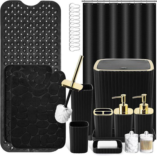 XLHOMO 26PC Bathroom Accessories Set - Gorgeous Black Bathroom Set, Bathroom Accessory Set, Black Shower Curtain Set with Bathtub Mats for Shower Tub - ModernBath