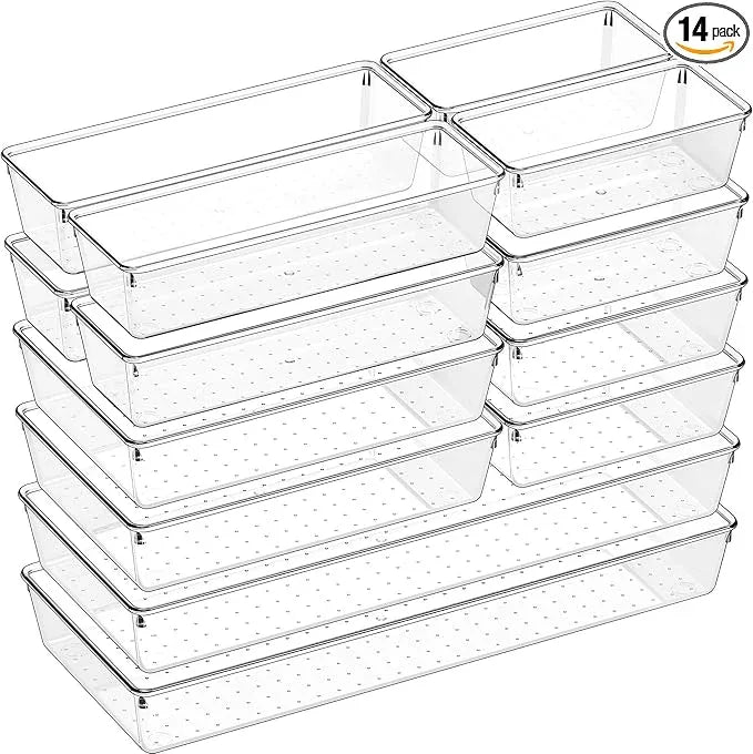 Criusia 14 PCS Clear Plastic Drawer Organizer Set - 5 Large Size Versatile Kitchen and Bathroom Organizer Trays, Non-Slip Storage Bins for Makeup, Utensils, Tool and Office Desk - ModernBath