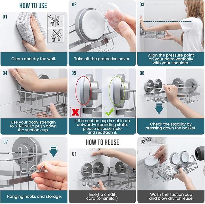 TAILI Corner-adaptive Suction Cup Shower Caddy 2 Pack, Stainless Steel Rustproof Corner Shower Shelves, Drill-Free Wall Mounted Baskets, Large Capacity, Removable Suction Cup Bathroom Organizer, Gray - ModernBath